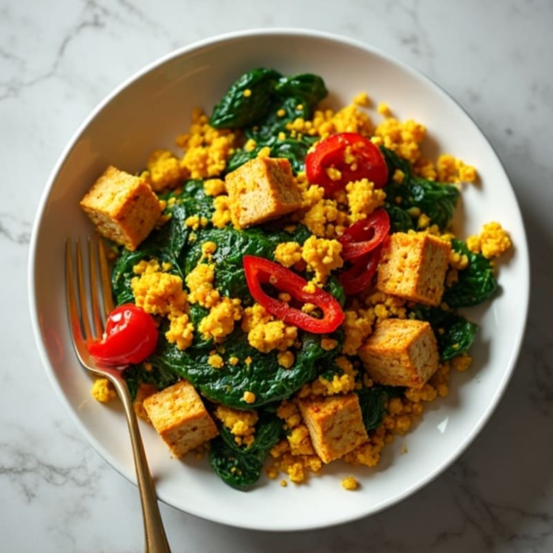 Savory Tofu Scramble with Sautéed Spinach and Crispy Bell Peppers