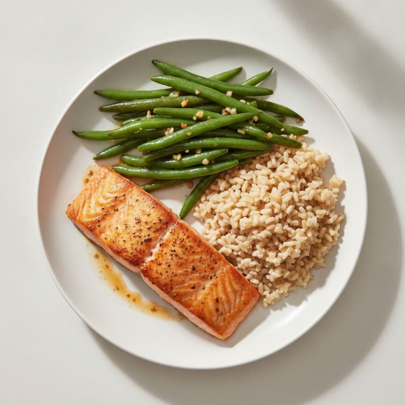 Seared Salmon with Garlic Green Beans and Brown Rice