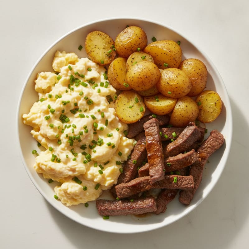 Creamy Scrambled Eggs with Sautéed Steak and Roasted Potatoes