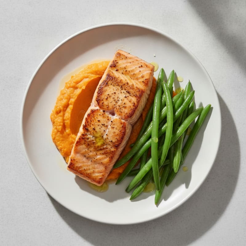 Seared Salmon Fillet with Steamed Green Beans and Sweet Potato Mash