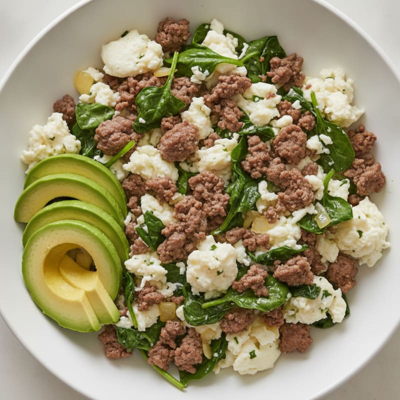 Egg White Scramble with Lean Ground Beef and Spinach