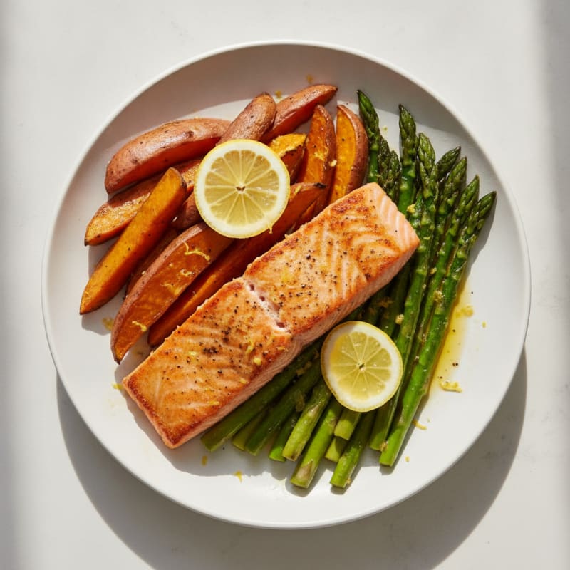 Seared Salmon Fillet with Roasted Sweet Potatoes and Asparagus