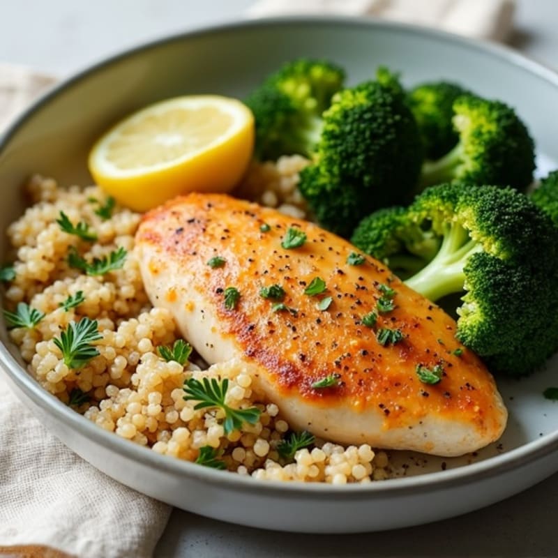 Lemon Garlic Pan-Seared Chicken with Roasted Broccoli and Quinoa