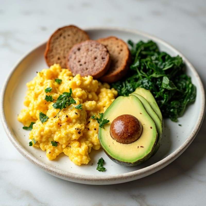 Egg White Scramble with Turkey Sausage and Sautéed Spinach