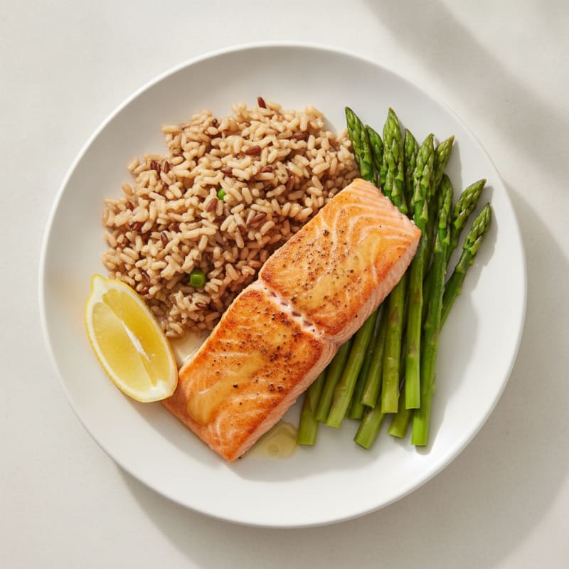 Seared Salmon Fillet with Steamed Asparagus and Brown Rice