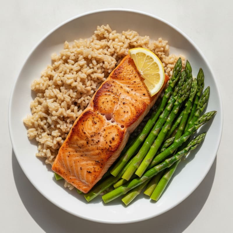 Seared Salmon with Steamed Asparagus and Brown Rice