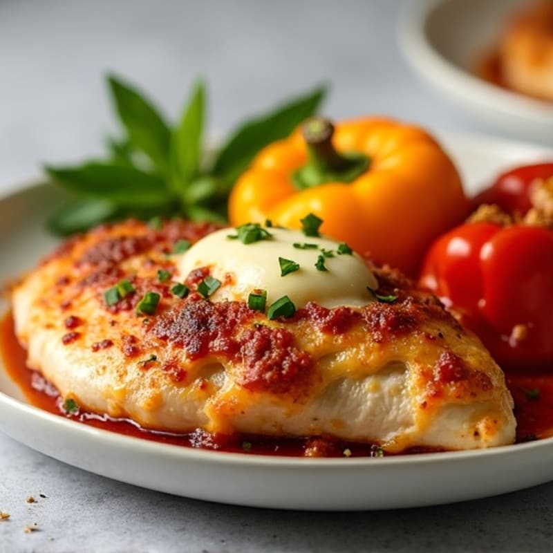 Cheese-Stuffed Chicken Breast with Crispy Turkey Pepperoni and Roasted Bell Peppers