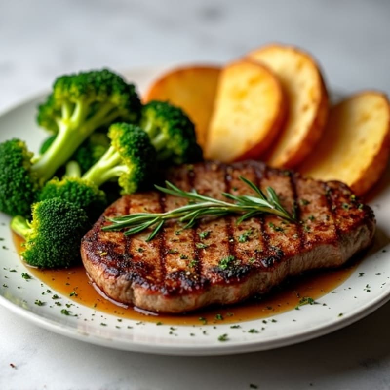 Garlic Herb Seared Steak with Roasted Broccoli and Crispy Potato Wedges