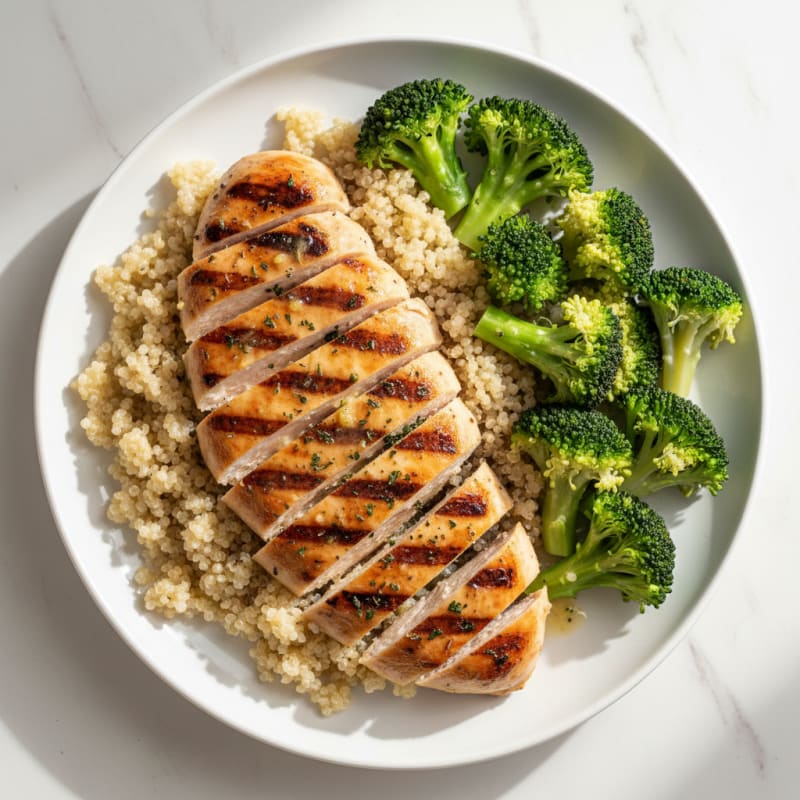Grilled Chicken Breast with Steamed Broccoli and Quinoa