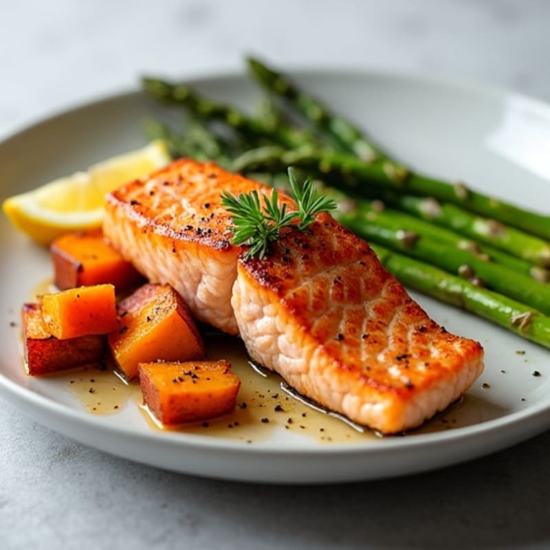 Seared Salmon with Roasted Sweet Potato and Asparagus