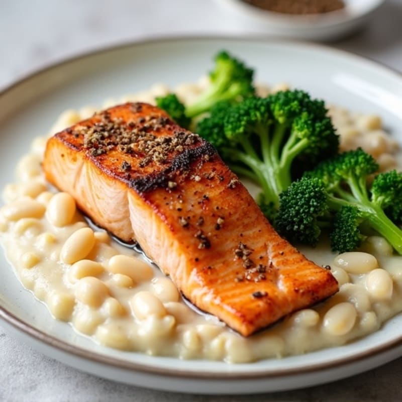 Seared Salmon with Creamy White Bean Mash and Steamed Broccolini