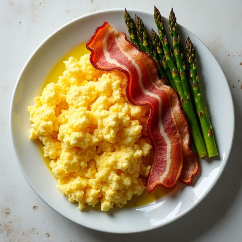Scrambled Eggs with Turkey Bacon and Roasted Asparagus