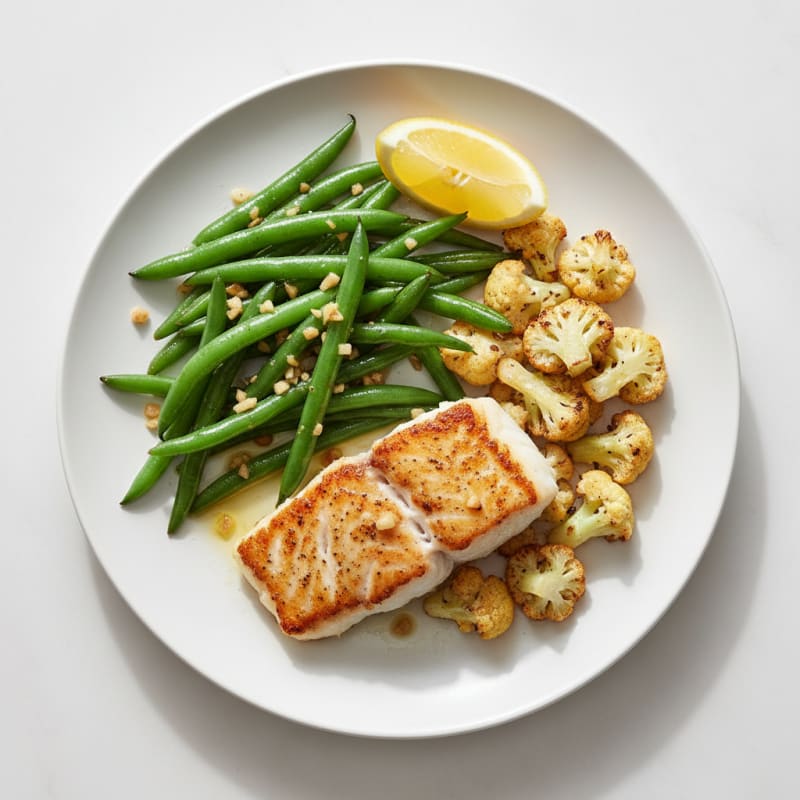 Seared Cod with Garlic Green Beans and Roasted Cauliflower