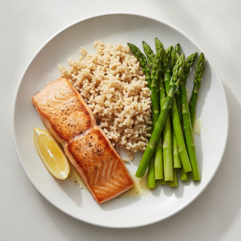 Seared Salmon with Steamed Asparagus and Brown Rice