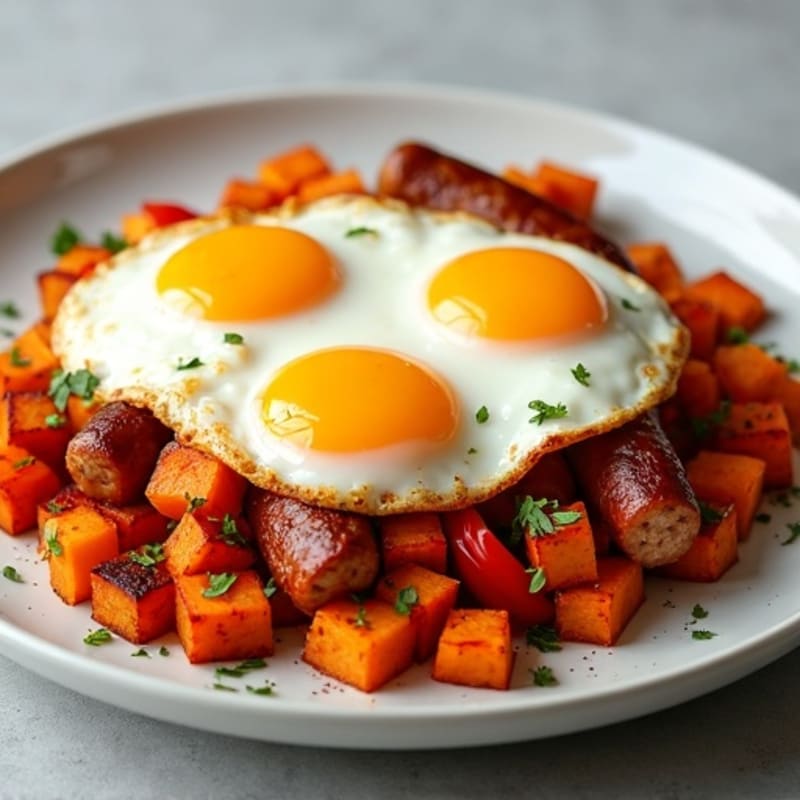 Crispy Turkey Sausage Sweet Potato Hash with Eggs