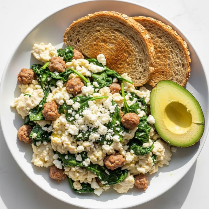 Egg White and Turkey Sausage Scramble with Spinach and Feta
