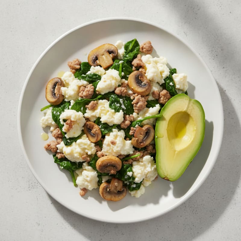 Egg White and Turkey Spinach Scramble with Sautéed Mushrooms