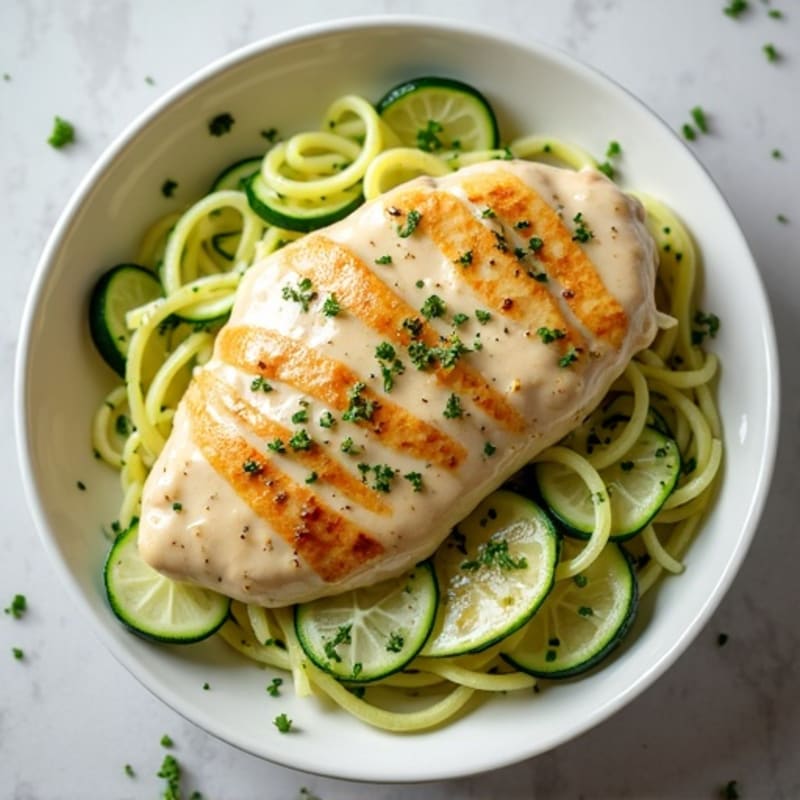 Creamy Cauliflower Alfredo Chicken with Zucchini Noodles