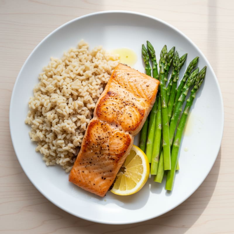 Seared Salmon with Steamed Asparagus and Brown Rice