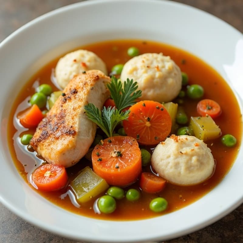 Slow-Cooked Chicken and Vegetable Stew with Fluffy Dumplings