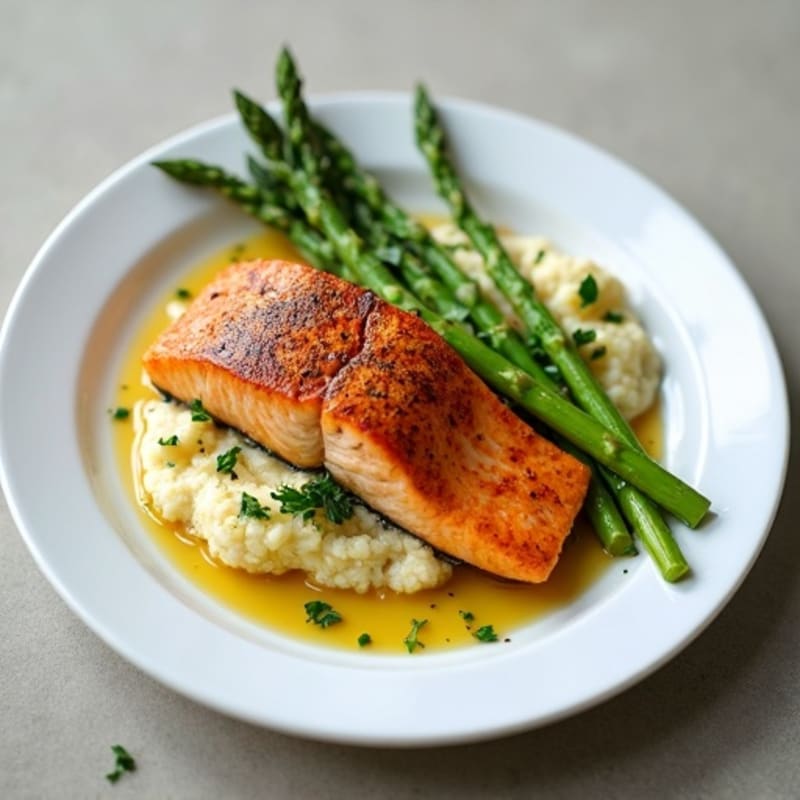Seared Salmon with Roasted Asparagus and Cauliflower Mash