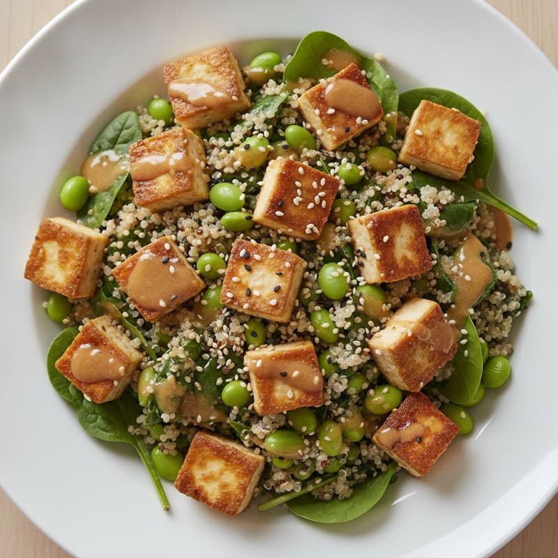 Seared Tofu and Quinoa Power Salad with Edamame