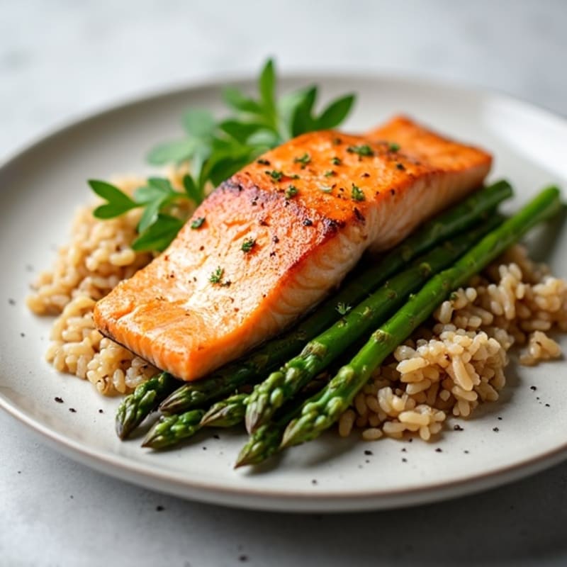 Seared Salmon with Steamed Asparagus and Brown Rice