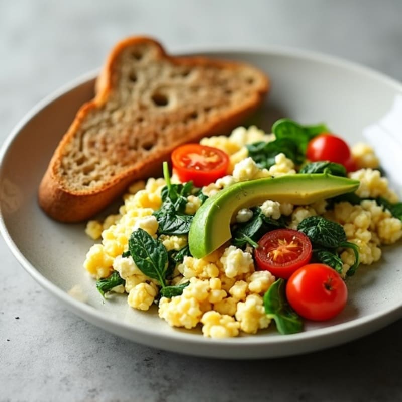 Egg White and Spinach Scramble with Cottage Cheese and Fresh Tomatoes