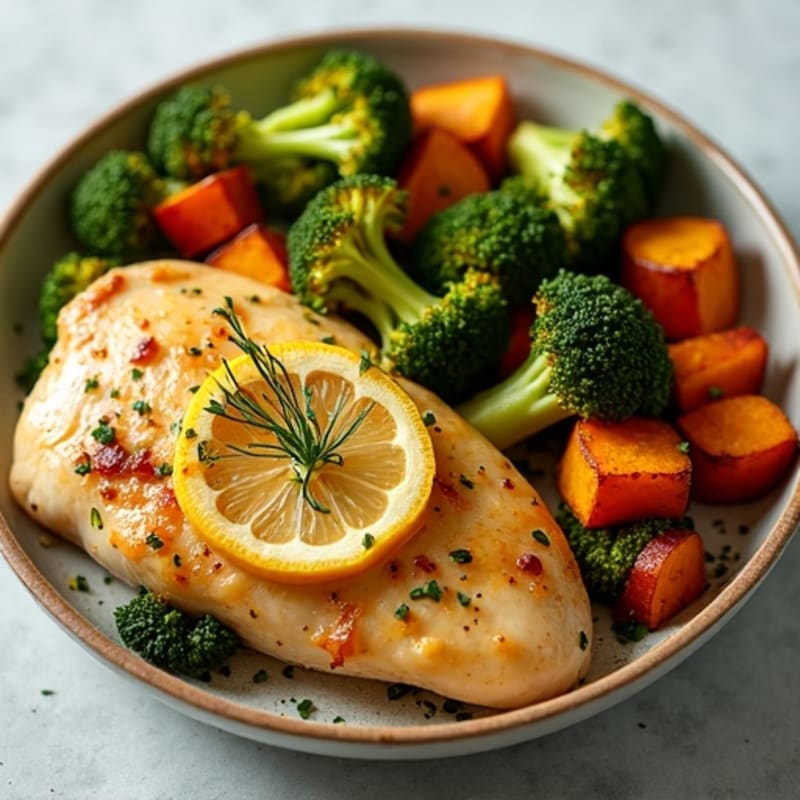 Lemon Garlic Roasted Chicken with Crispy Broccoli and Sweet Potatoes