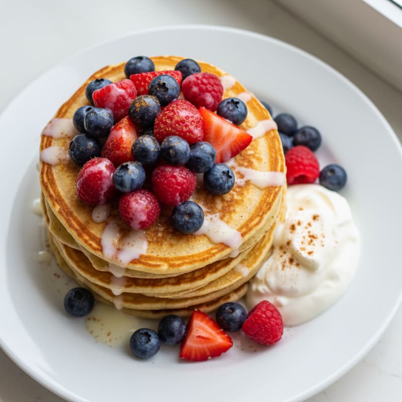 Fluffy Golden Buttermilk Pancakes with Berries