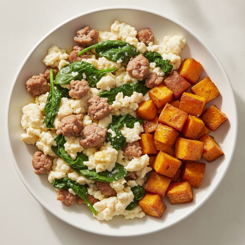 Egg White and Turkey Sausage Scramble with Spinach and Roasted Sweet Potato
