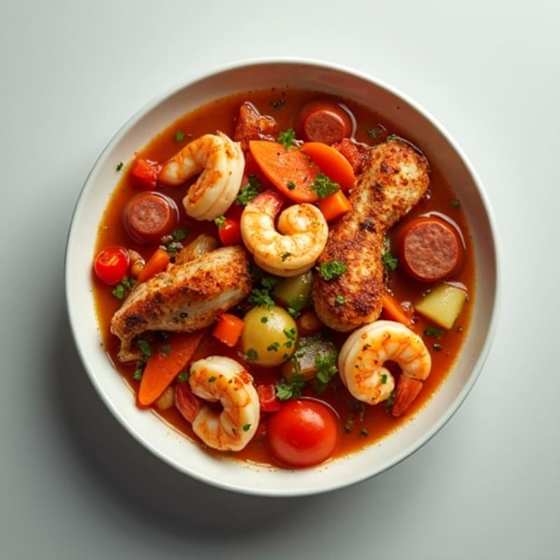 Spicy Chicken, Shrimp, and Sausage Stew with Hearty Vegetables