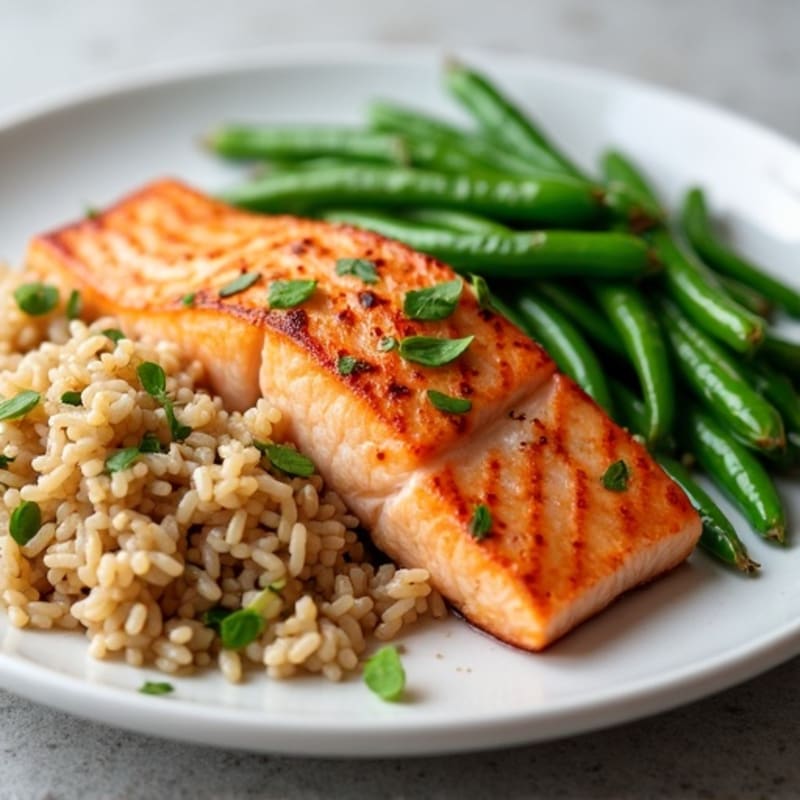 Seared Salmon with Garlic Green Beans and Brown Rice