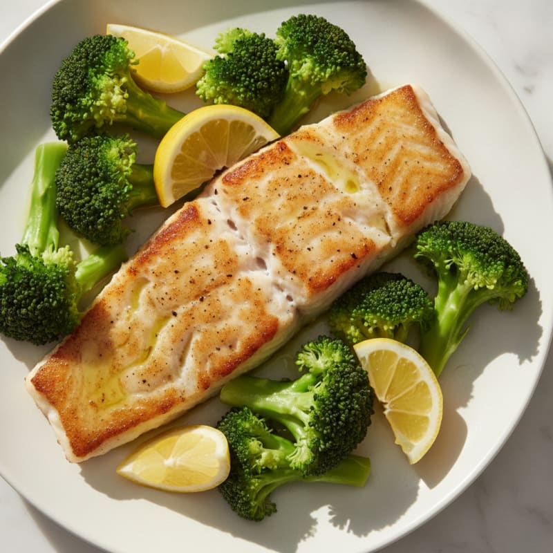 Seared Cod with Steamed Broccoli and Lemon