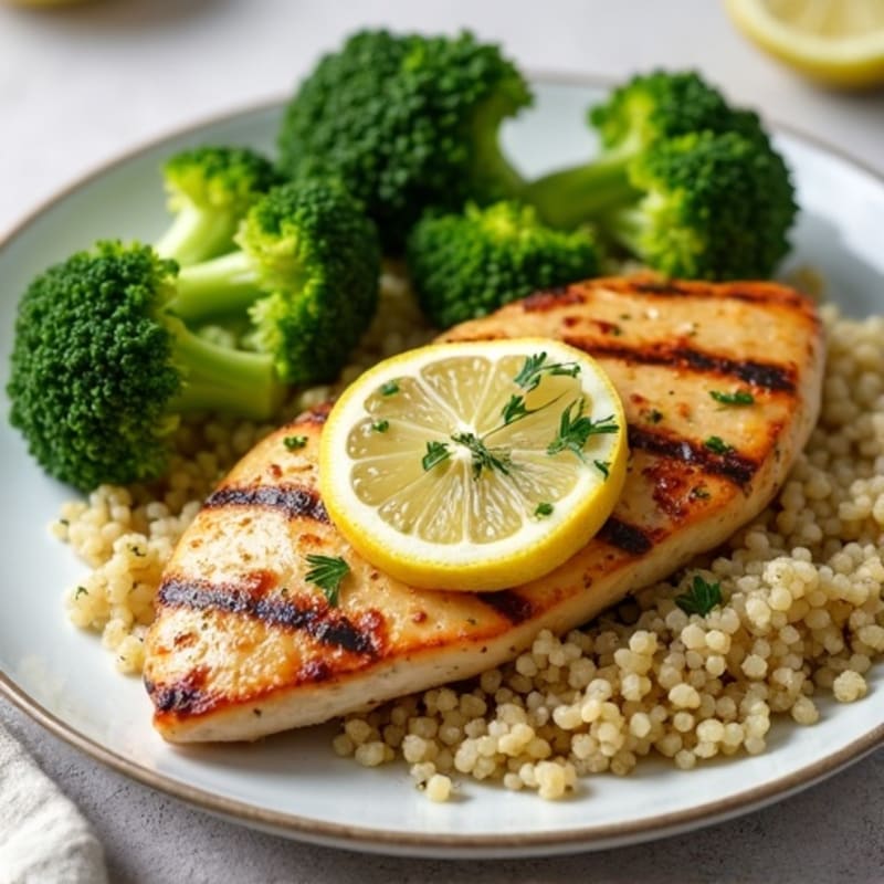 Grilled Lemon Herb Chicken Breast with Quinoa and Steamed Broccoli