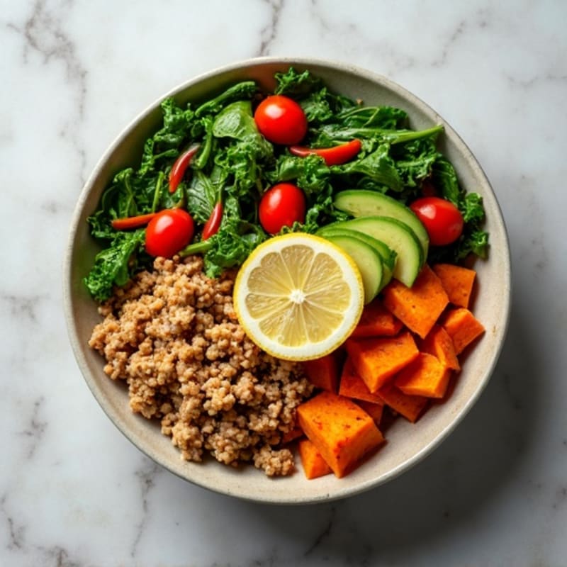 Lean Ground Chicken Power Bowl with Roasted Sweet Potatoes and Crunchy Greens