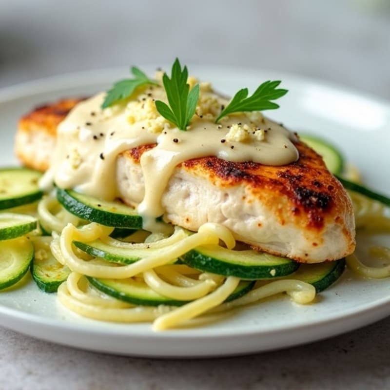 Creamy Cauliflower Alfredo Chicken with Zucchini Noodles