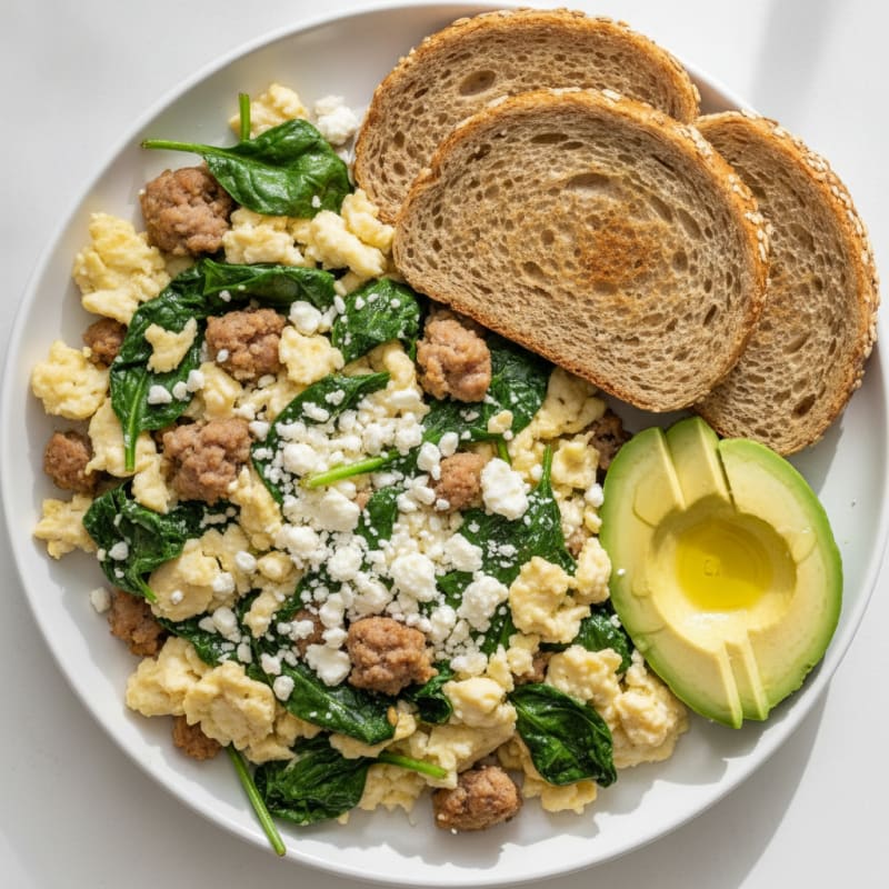 Egg White and Turkey Sausage Scramble with Spinach and Feta