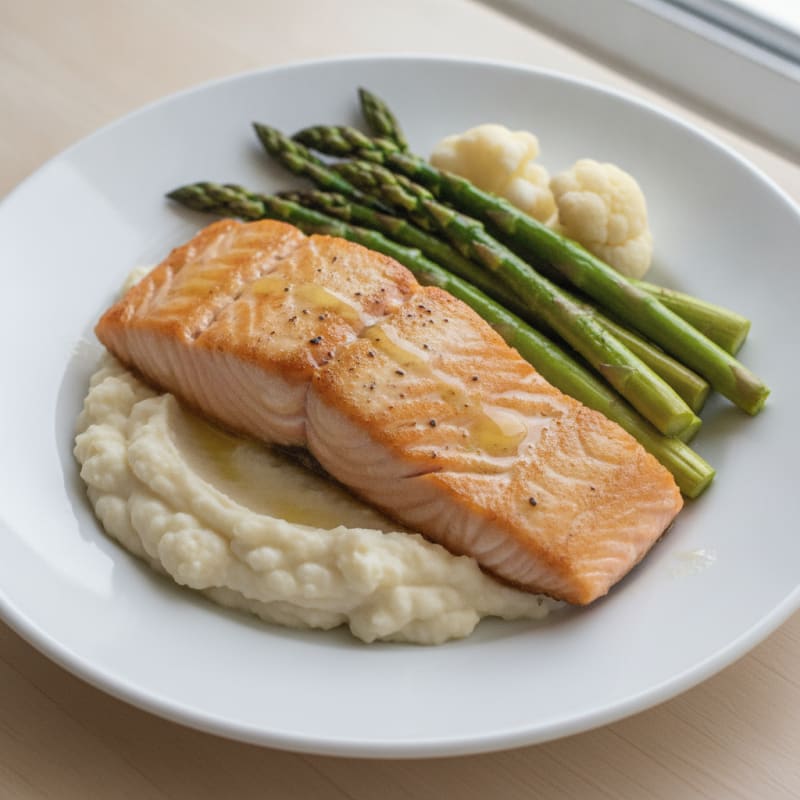 Seared Salmon with Steamed Asparagus and Cauliflower Mash