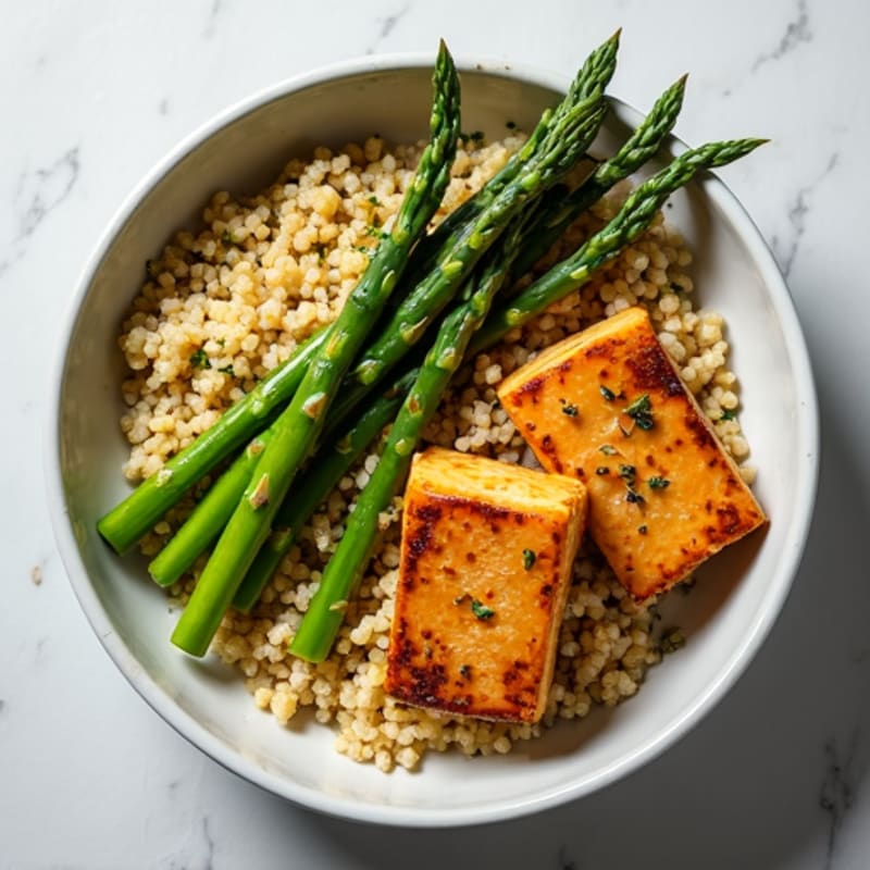 Seared Marinated Tofu with Steamed Quinoa and Asparagus