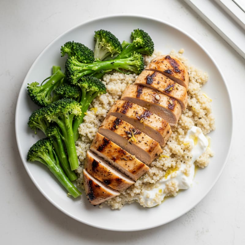 Grilled Chicken Breast with Creamy Quinoa and Steamed Broccoli