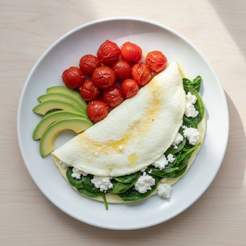 Egg White Spinach Omelette with Cottage Cheese and Cherry Tomatoes