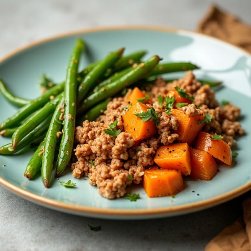 Lean Ground Turkey with Roasted Sweet Potatoes and Green Beans