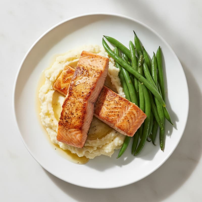 Seared Salmon with Steamed Green Beans and Garlic Mashed Cauliflower