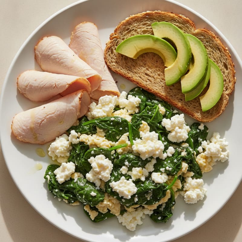 Egg White and Spinach Scramble with Cottage Cheese and Sliced Turkey
