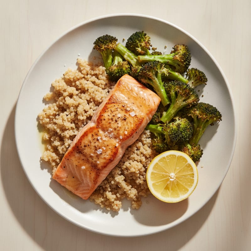 Seared Salmon with Roasted Broccoli and Quinoa