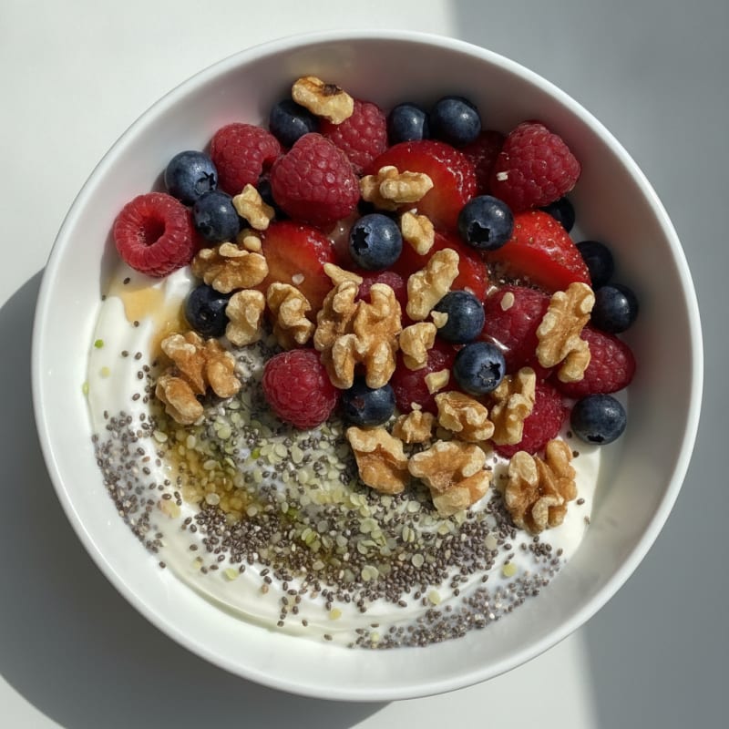 Silky Greek Yogurt with Chia, Hemp Seeds, and Mixed Berries