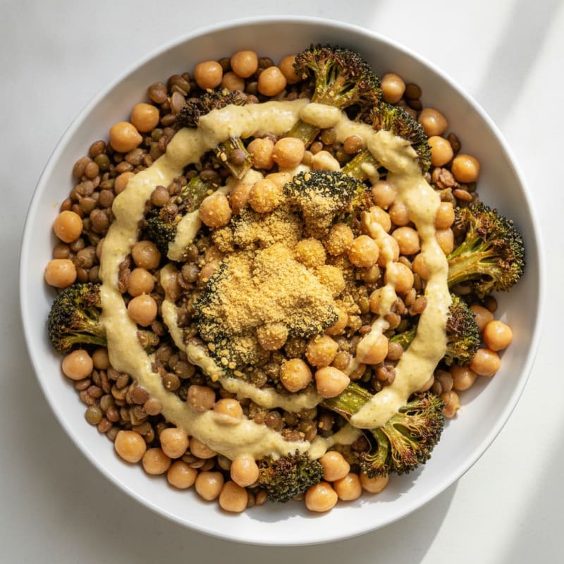 Lentil and Chickpea Protein Bowl with Roasted Broccoli