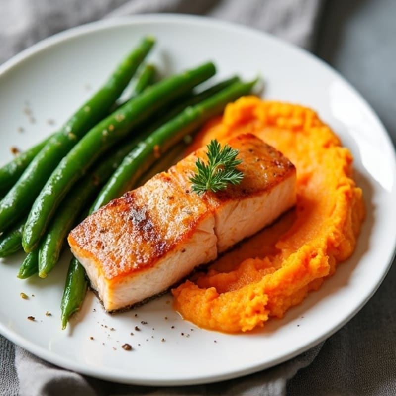 Seared Salmon Fillet with Steamed Green Beans and Sweet Potato Mash