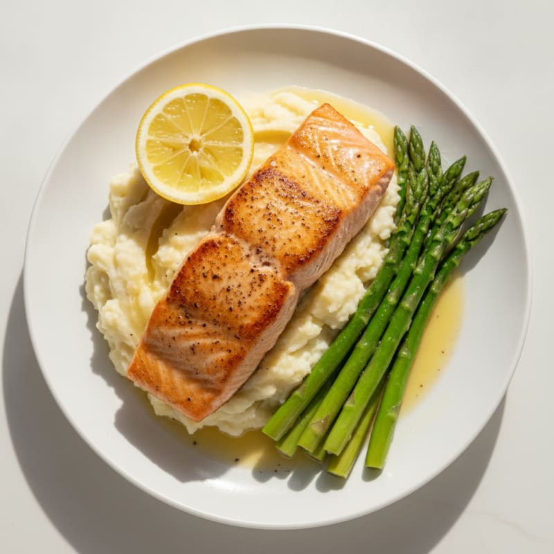 Seared Salmon Fillet with Garlic Mashed Potatoes and Steamed Asparagus